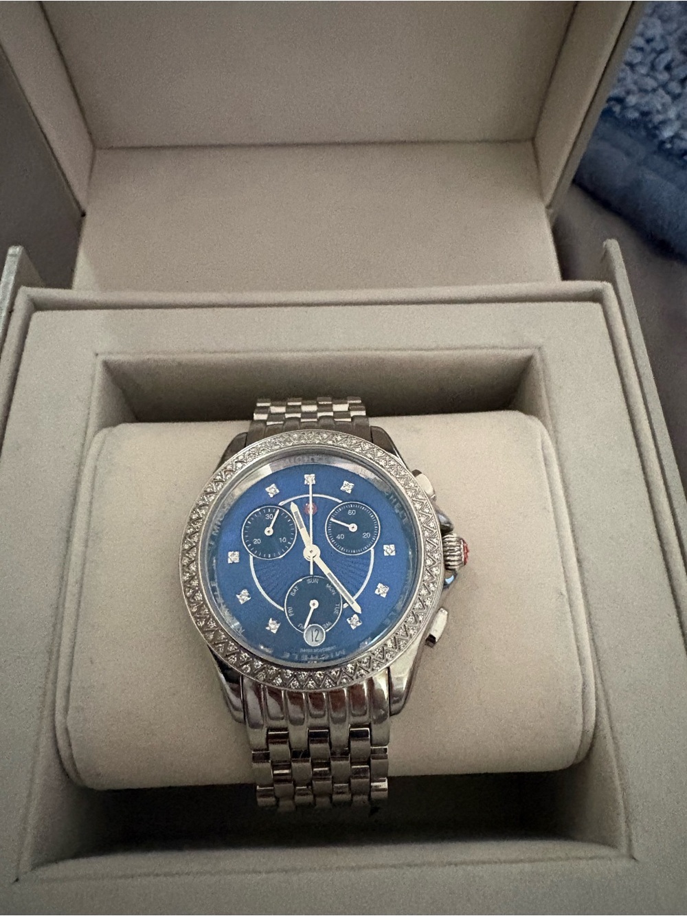 💯 Authentic MICHELE BELMORE Diamond Silver Watch with Blue Dial